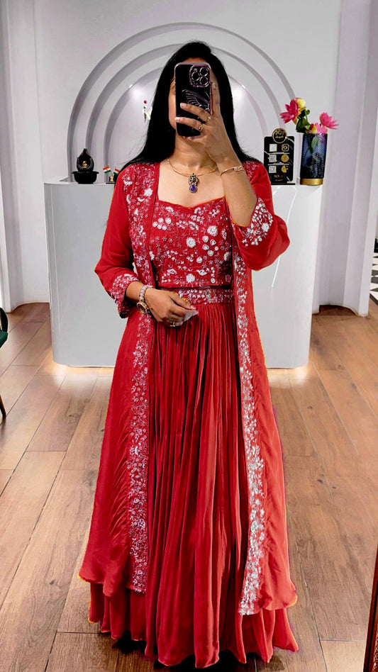 Red faux georgette sequins embroidery lehenga-shrug and blouse set