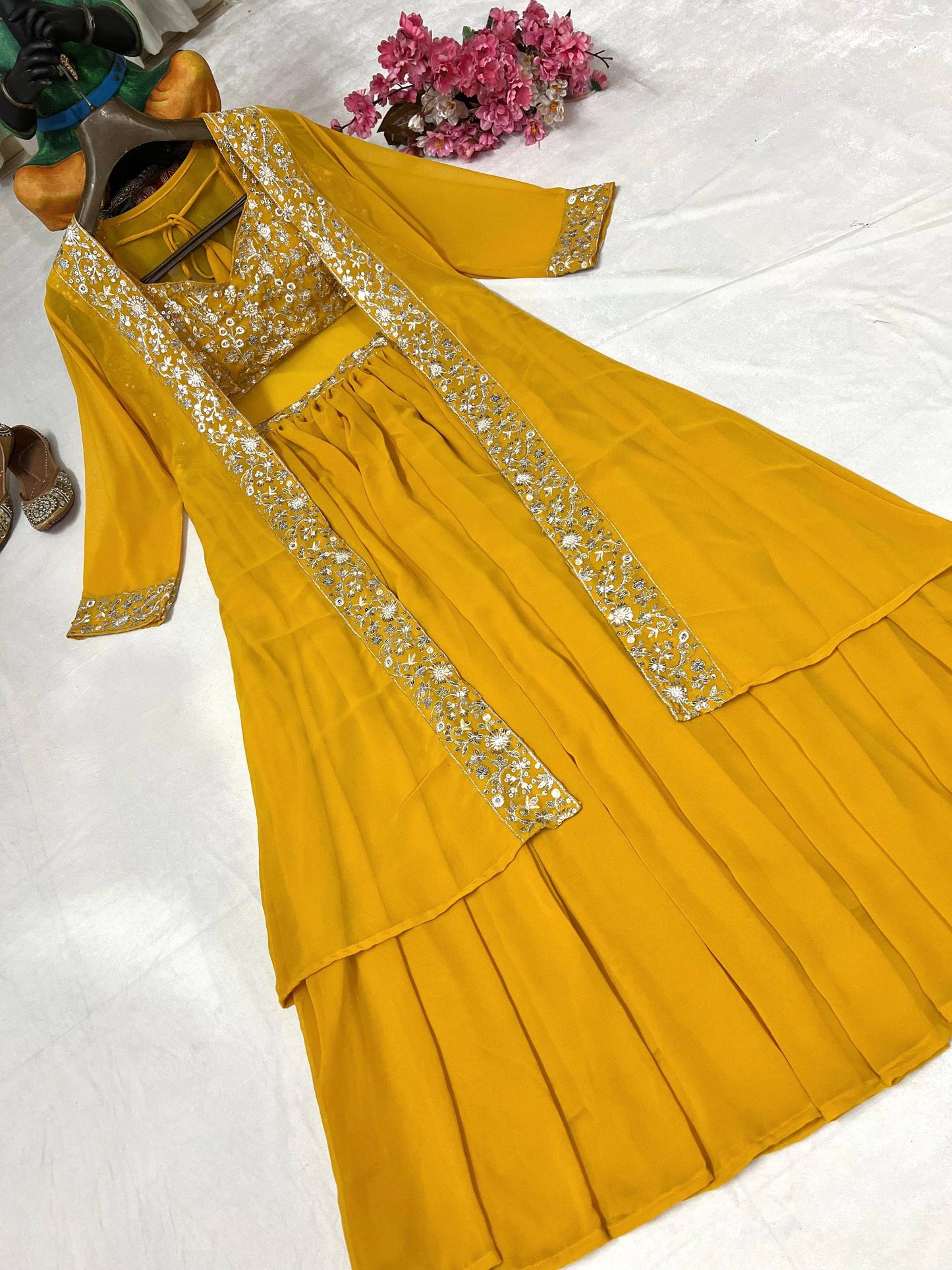 Yellow faux georgette sequins embroidery lehenga-shrug and blouse set