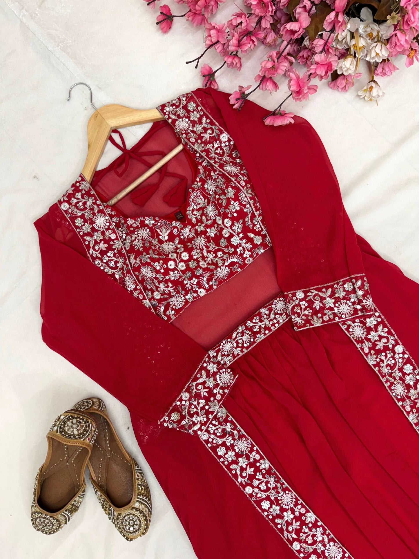 Red faux georgette sequins embroidery lehenga-shrug and blouse set