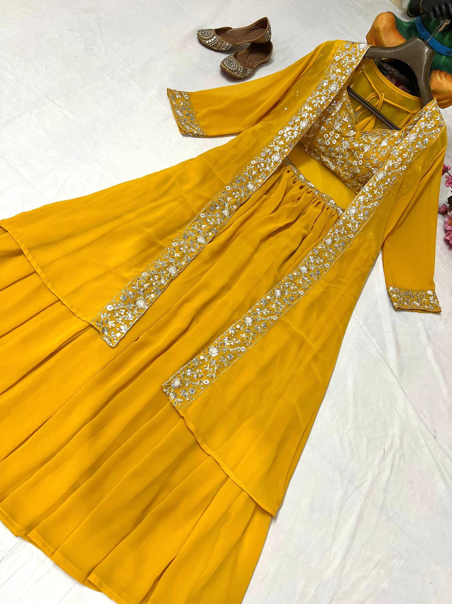 Yellow faux georgette sequins embroidery lehenga-shrug and blouse set