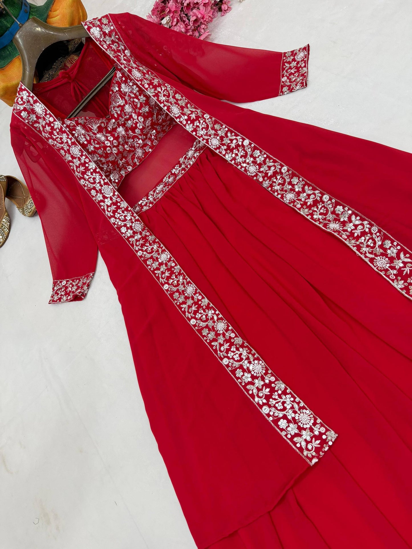 Red faux georgette sequins embroidery lehenga-shrug and blouse set