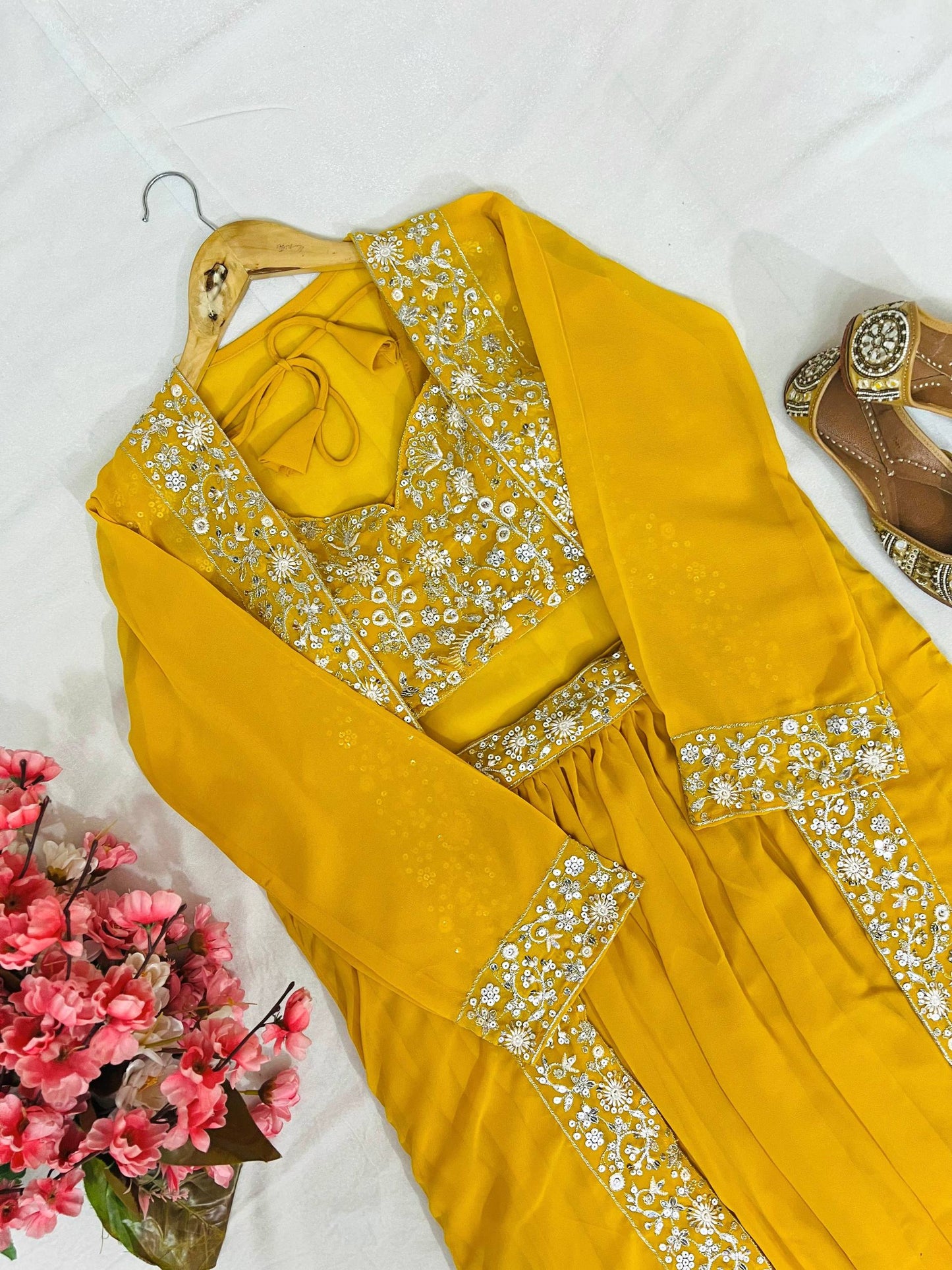 Yellow faux georgette sequins embroidery lehenga-shrug and blouse set