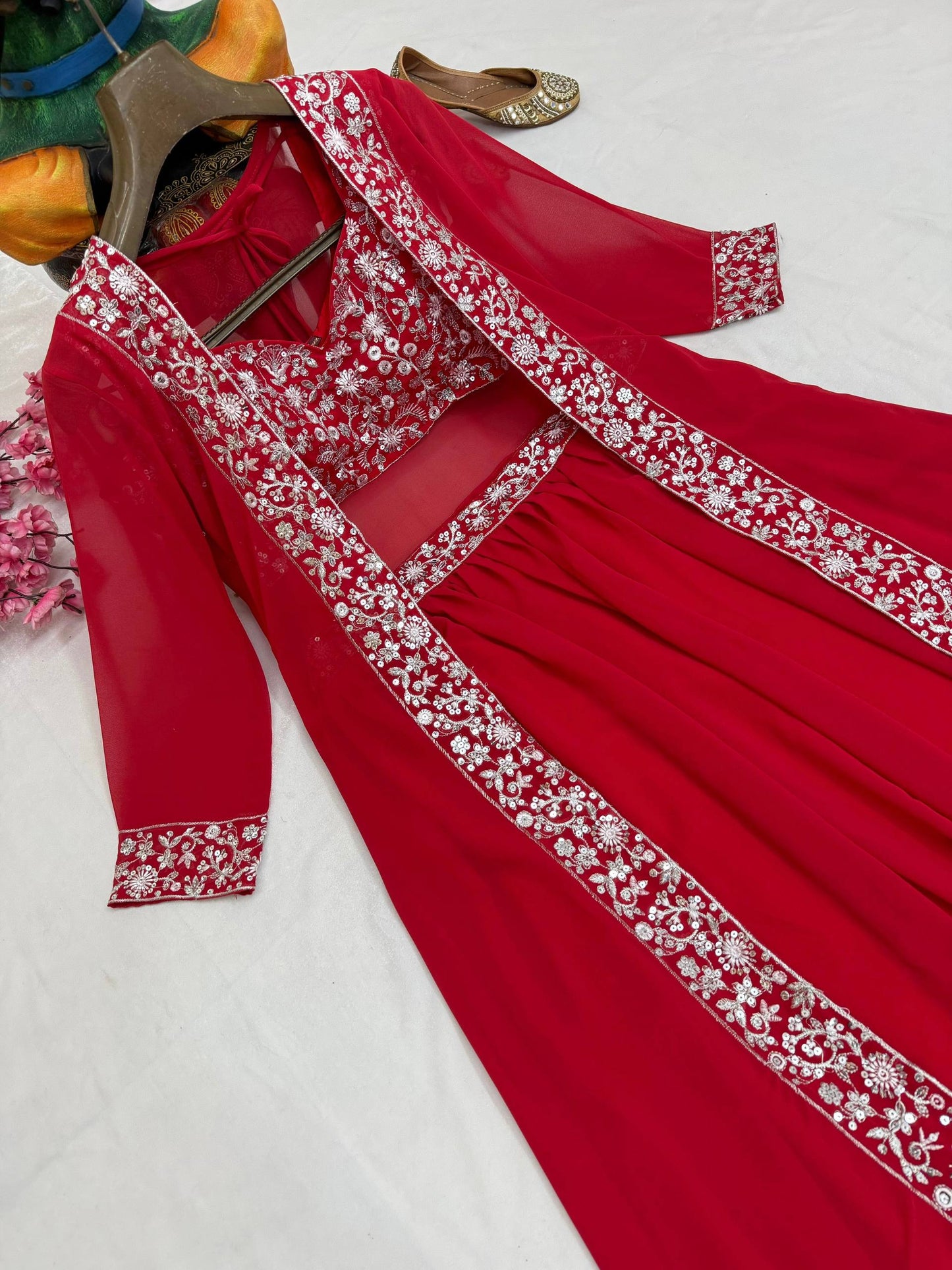 Red faux georgette sequins embroidery lehenga-shrug and blouse set