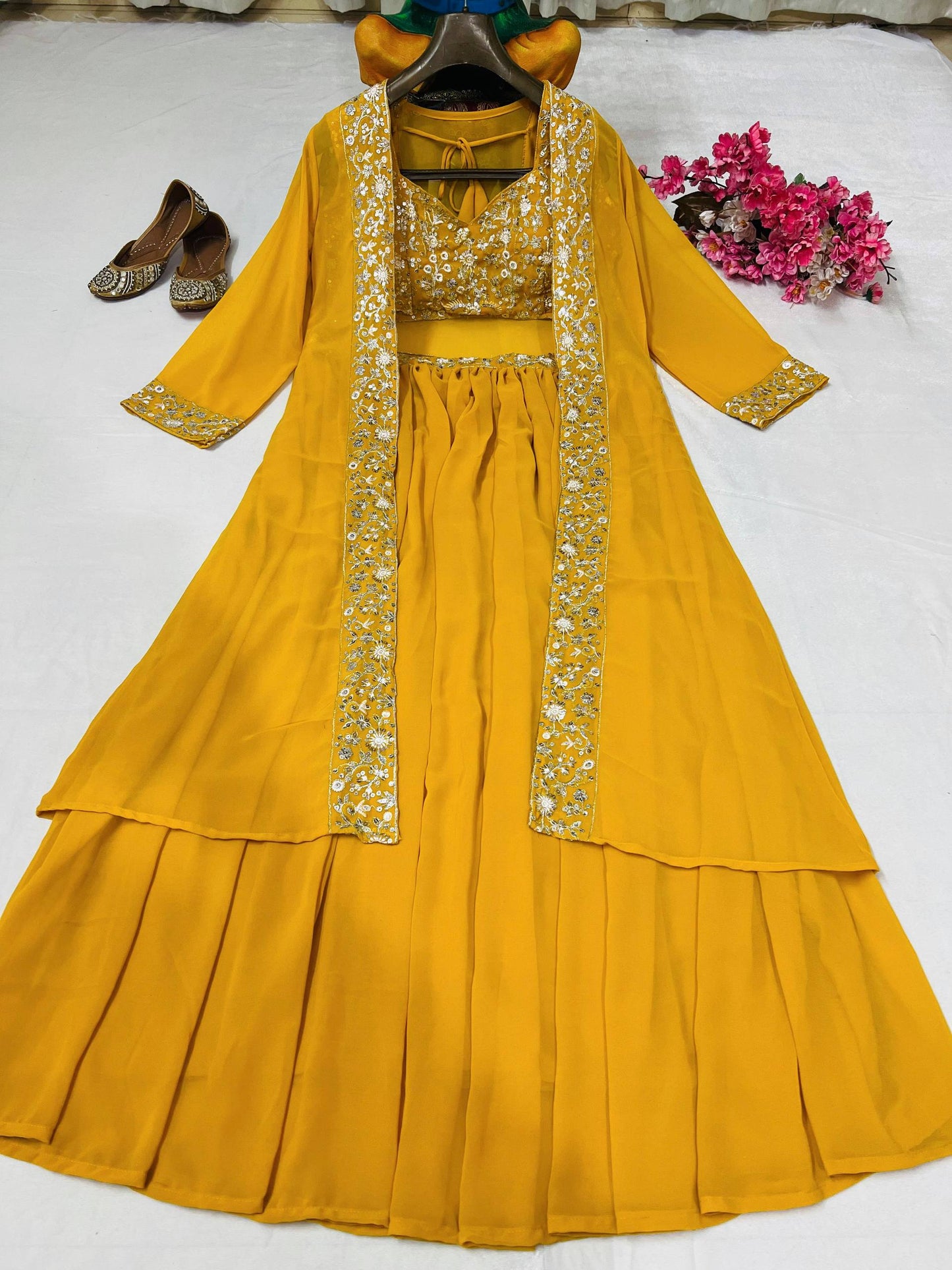 Yellow faux georgette sequins embroidery lehenga-shrug and blouse set