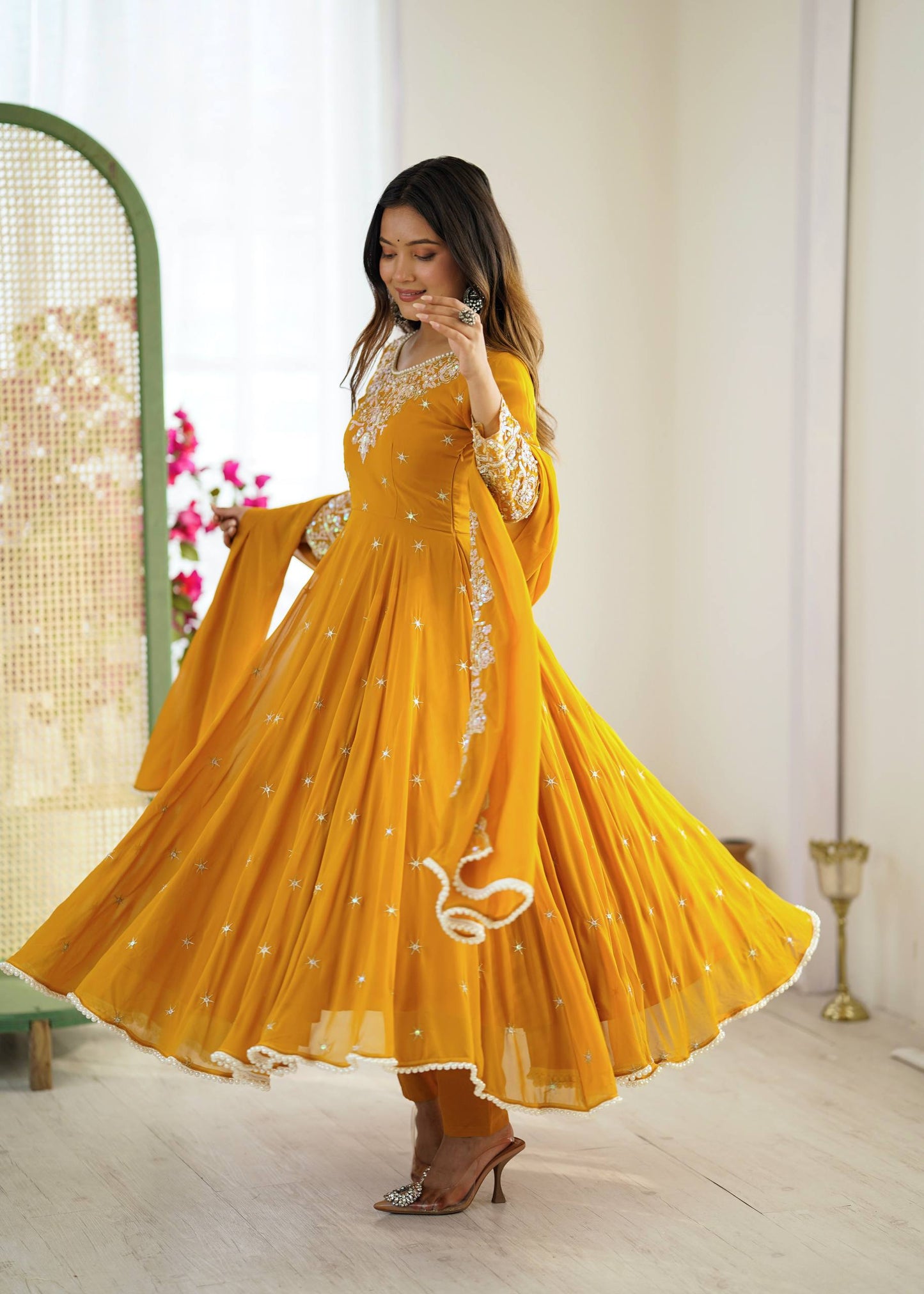 Yellow heavy blooming faux embroidered anarkali three piece set