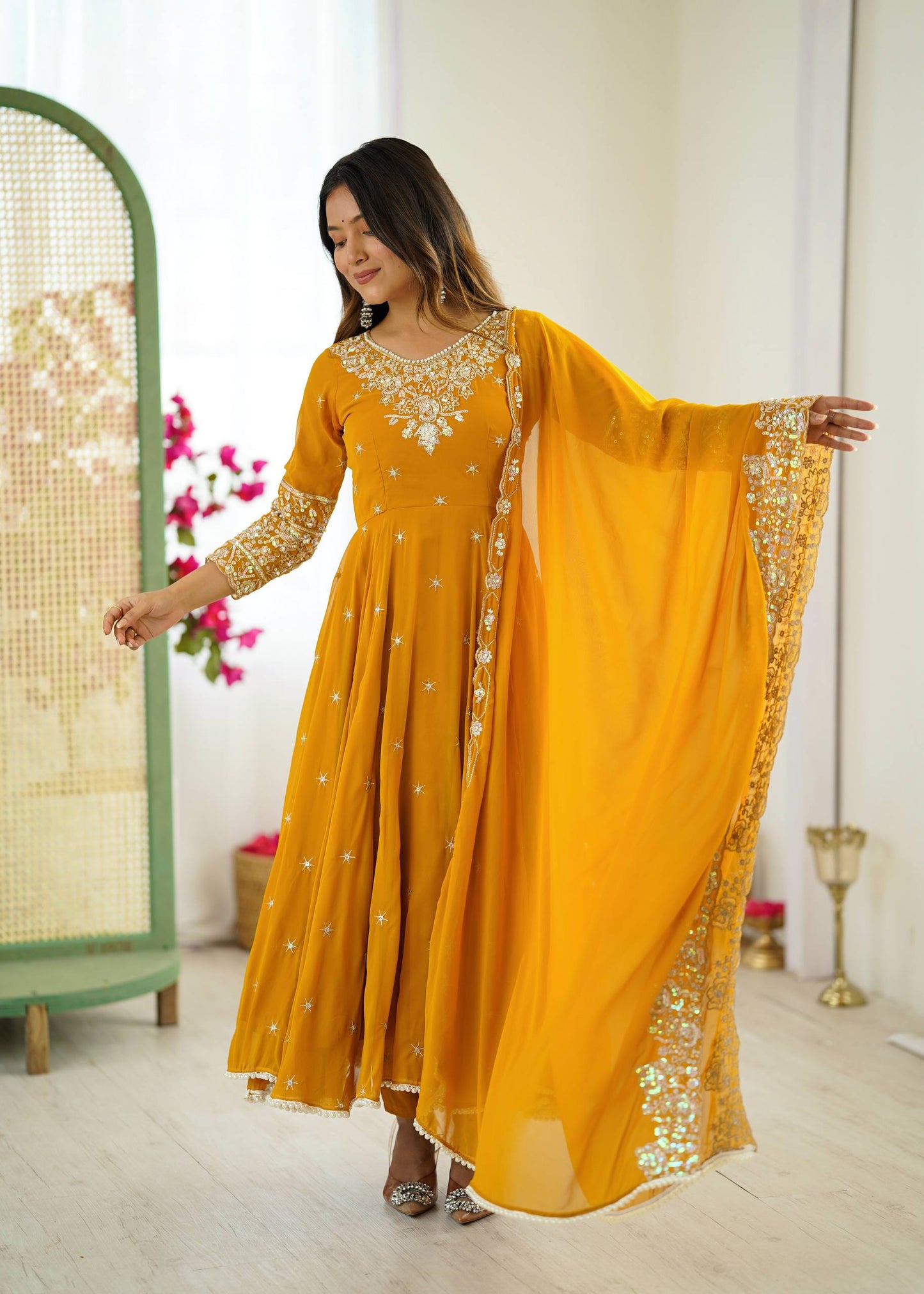 Yellow heavy blooming faux embroidered anarkali three piece set