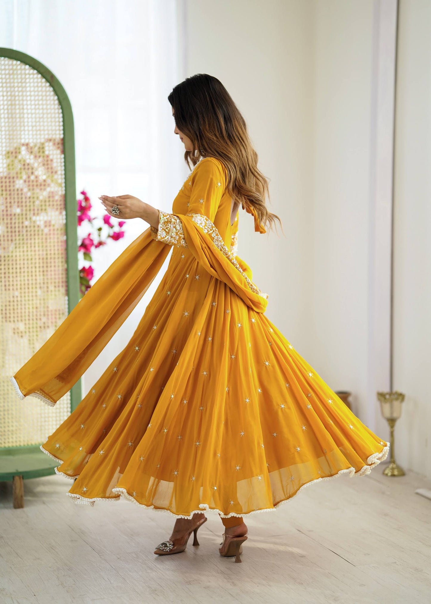 Yellow heavy blooming faux embroidered anarkali three piece set