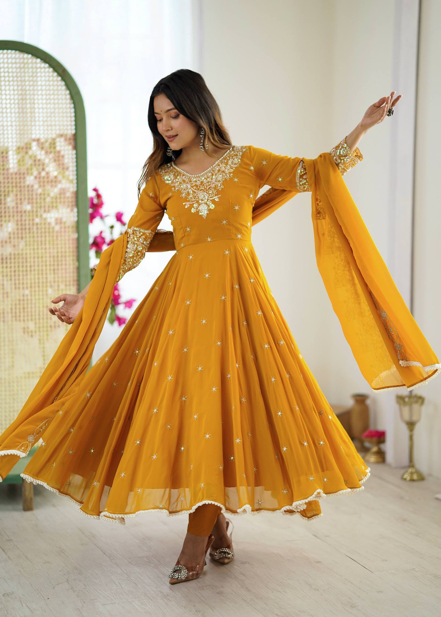 Yellow heavy blooming faux embroidered anarkali three piece set