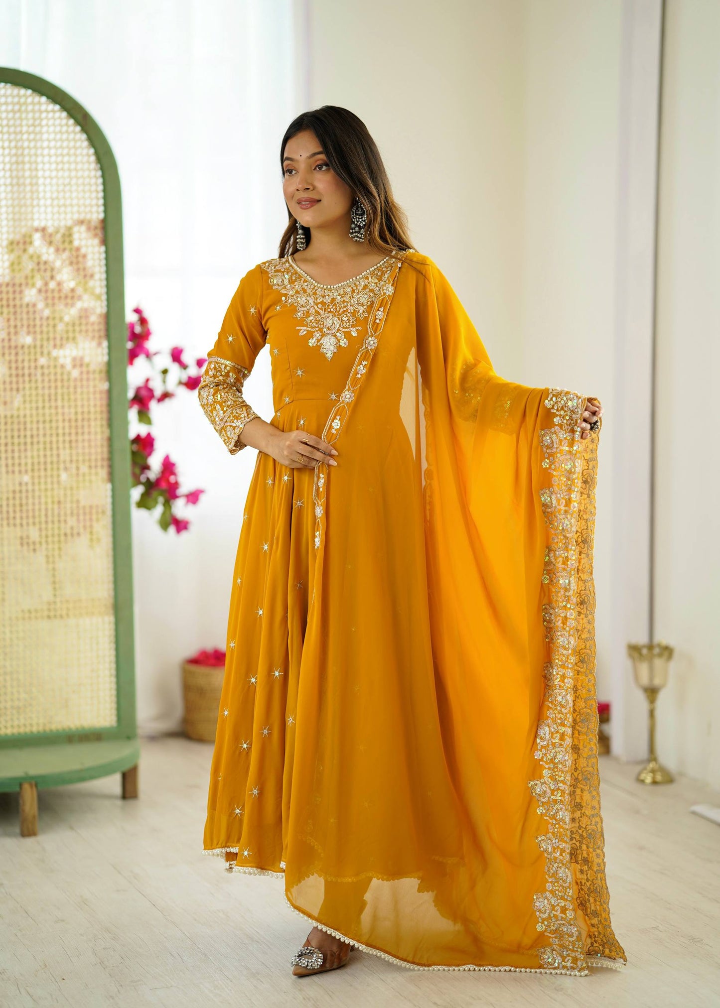 Yellow heavy blooming faux embroidered anarkali three piece set