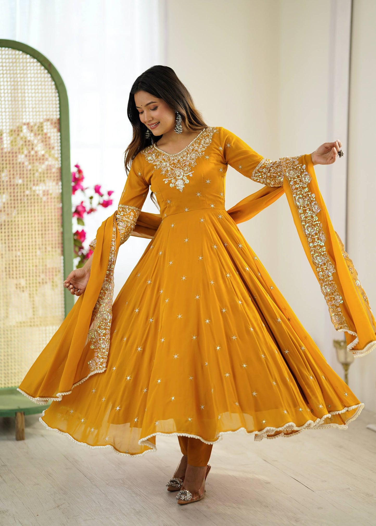 Yellow heavy blooming faux embroidered anarkali three piece set