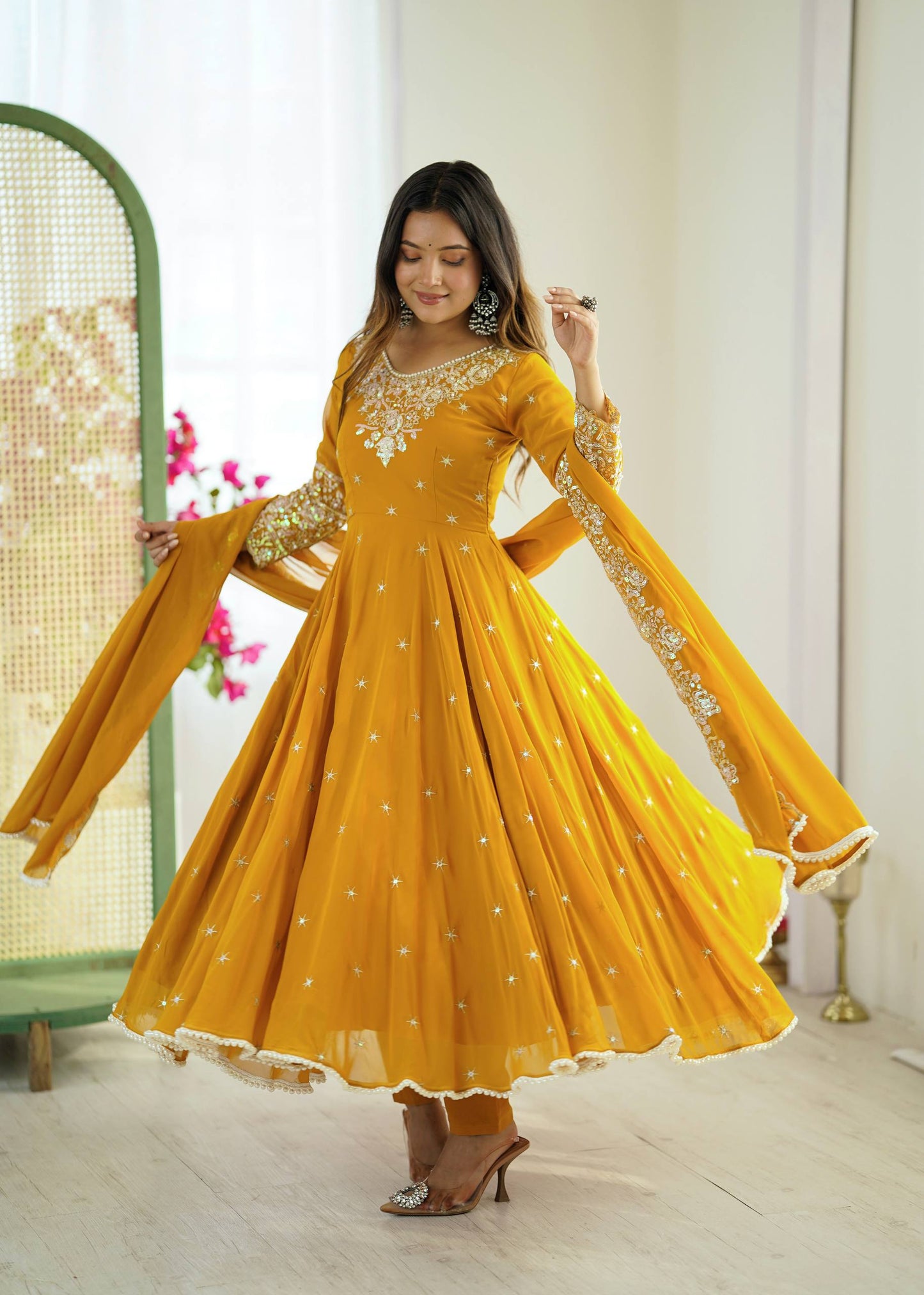 Yellow heavy blooming faux embroidered anarkali three piece set