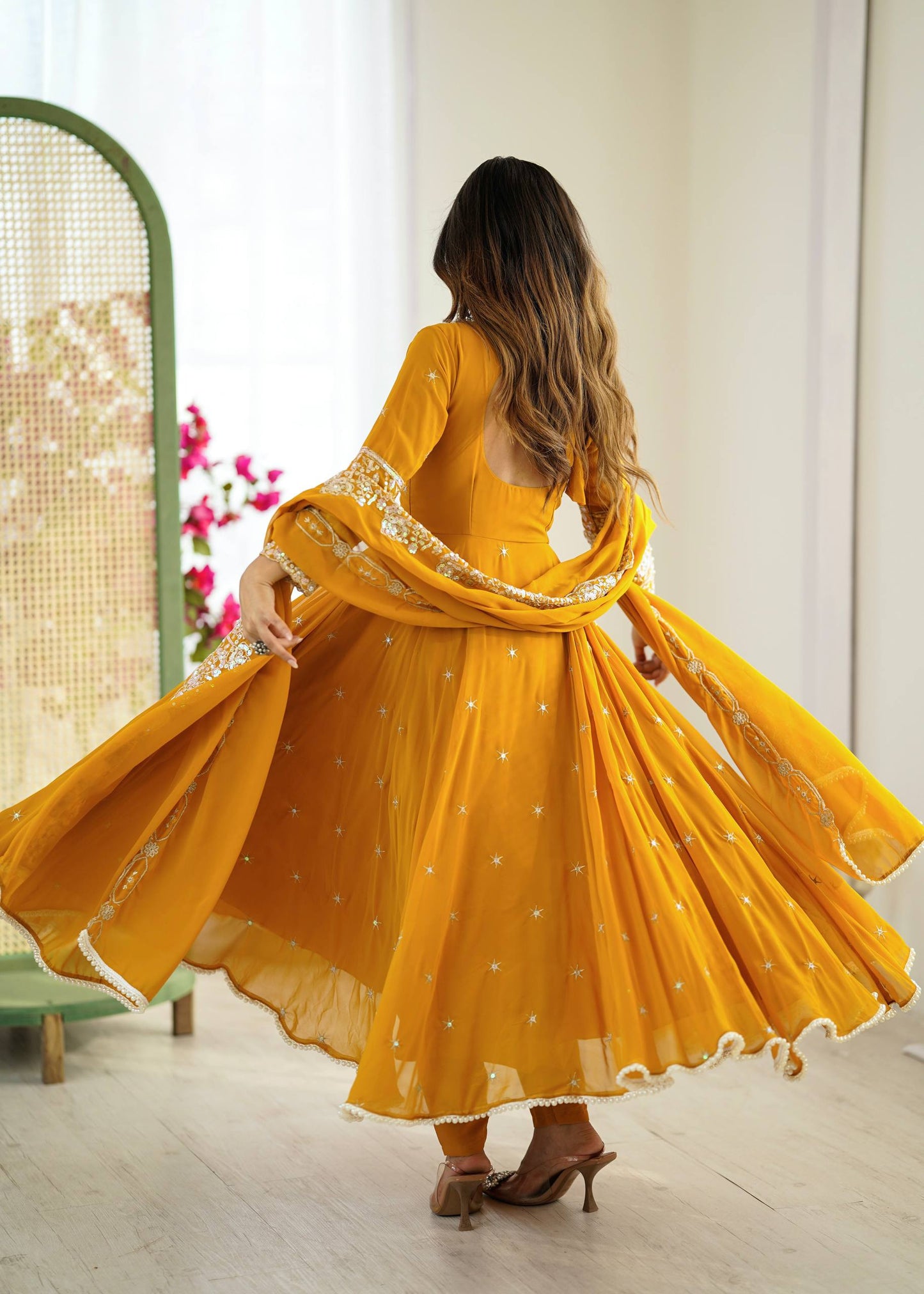 Yellow heavy blooming faux embroidered anarkali three piece set