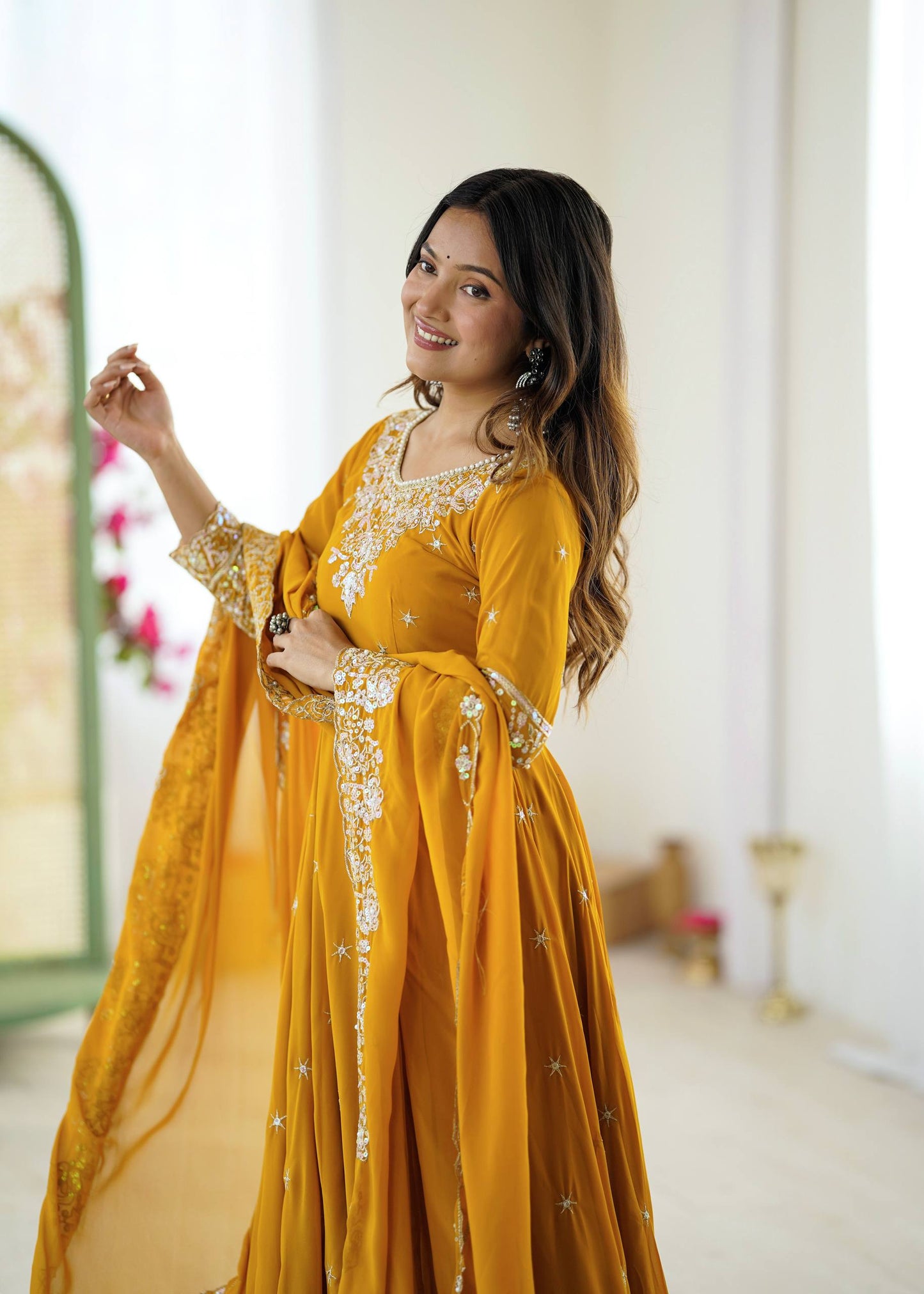 Yellow heavy blooming faux embroidered anarkali three piece set
