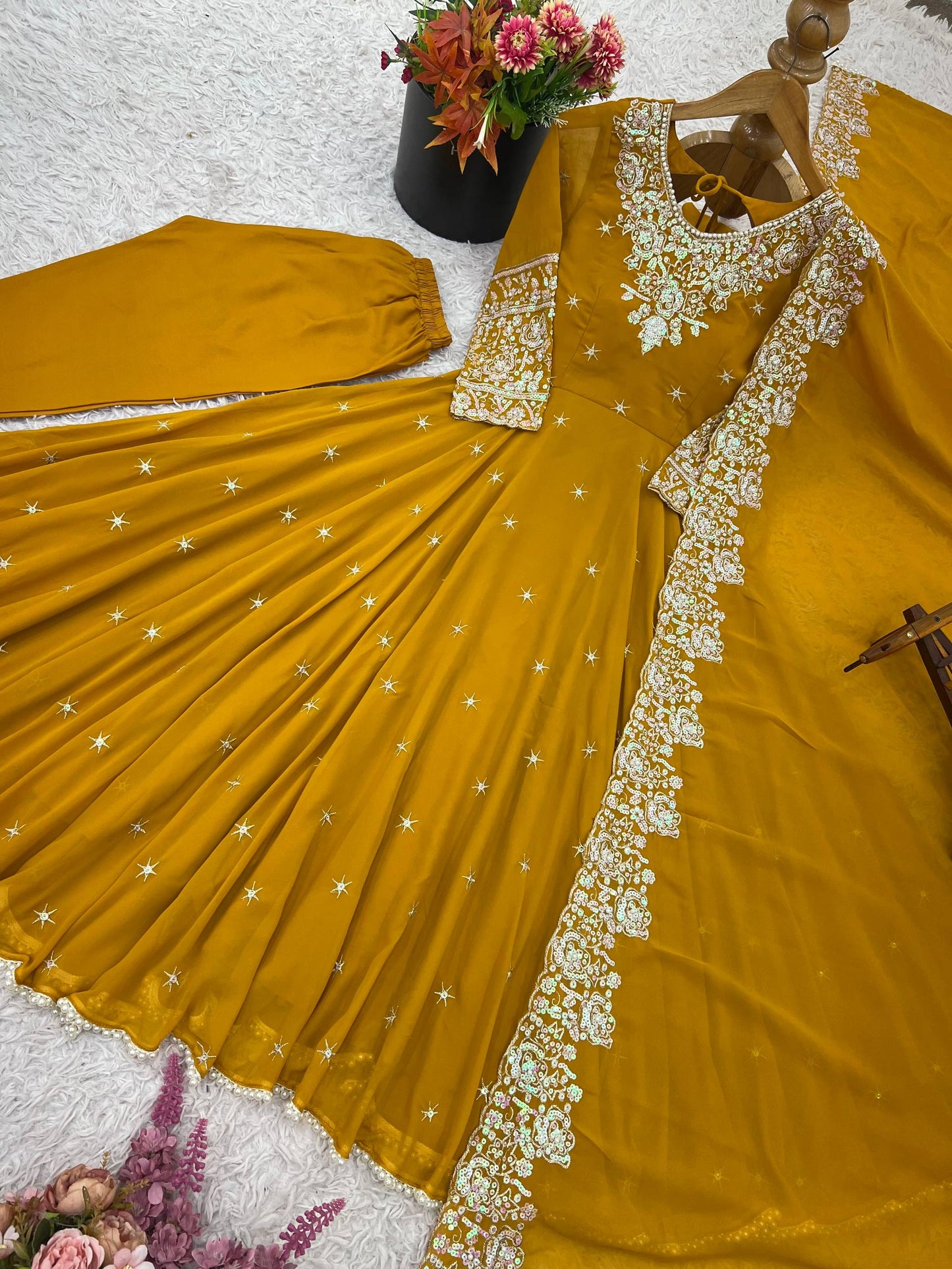Yellow heavy blooming faux embroidered anarkali three piece set