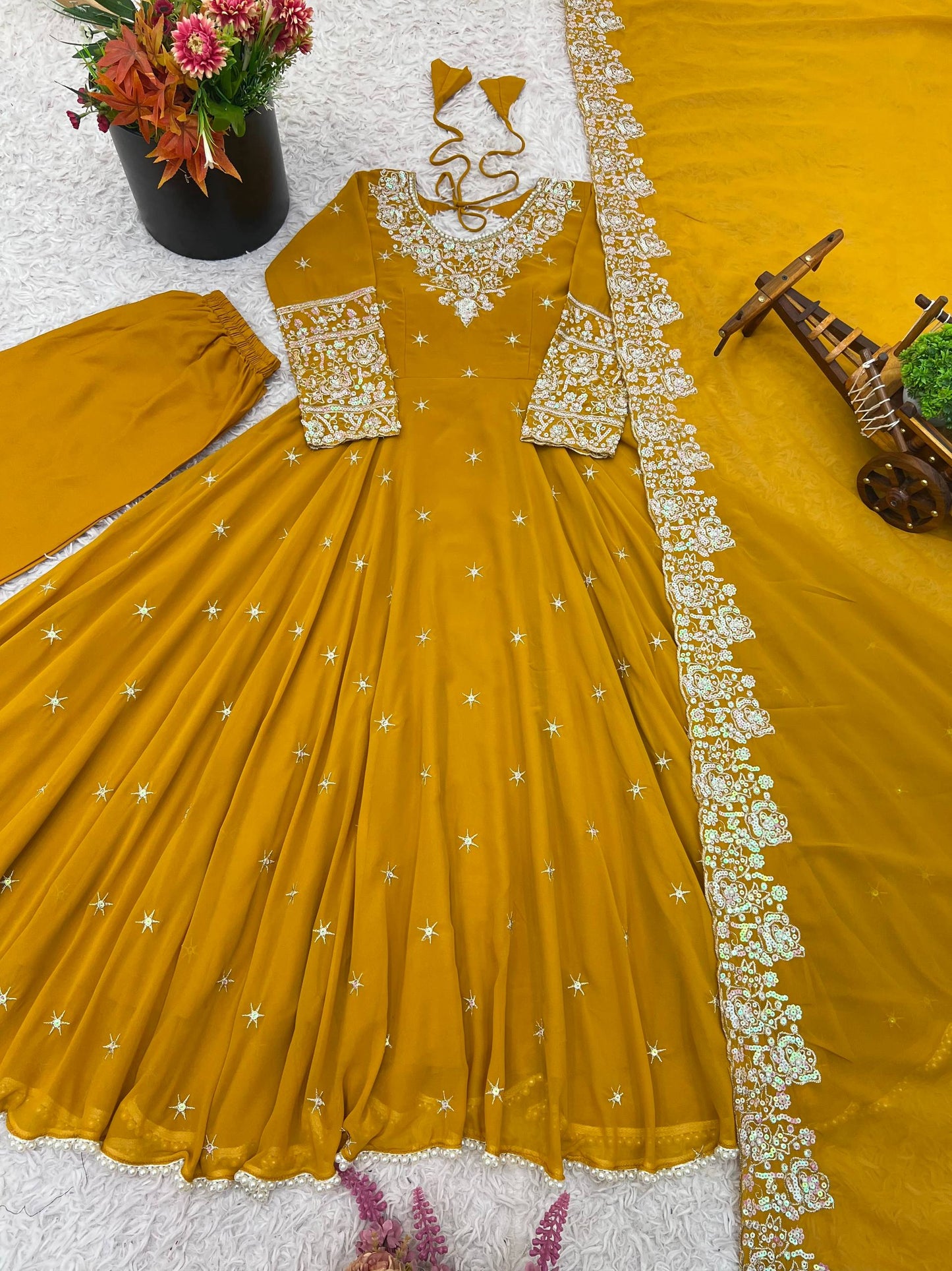 Yellow heavy blooming faux embroidered anarkali three piece set