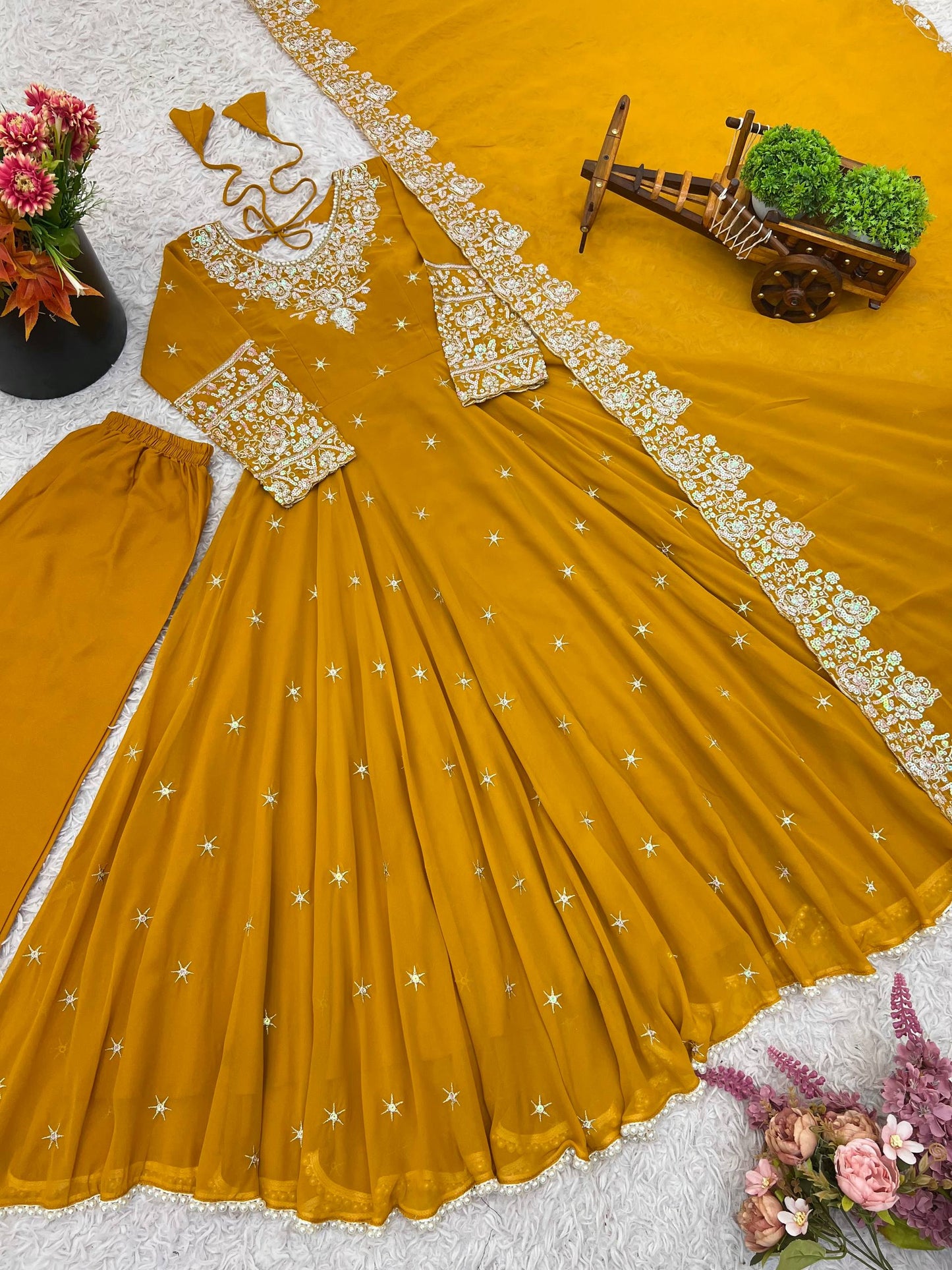 Yellow heavy blooming faux embroidered anarkali three piece set