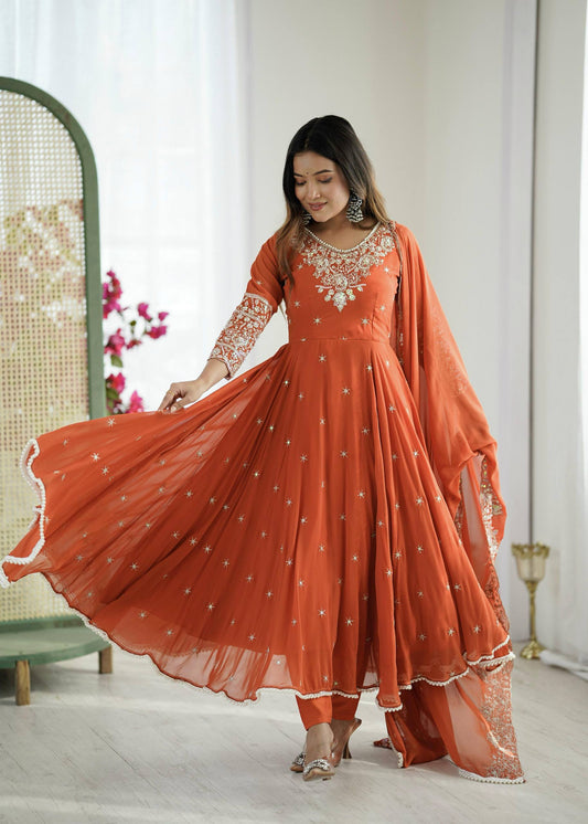 Orange heavy blooming faux embroidered anarkali three piece set