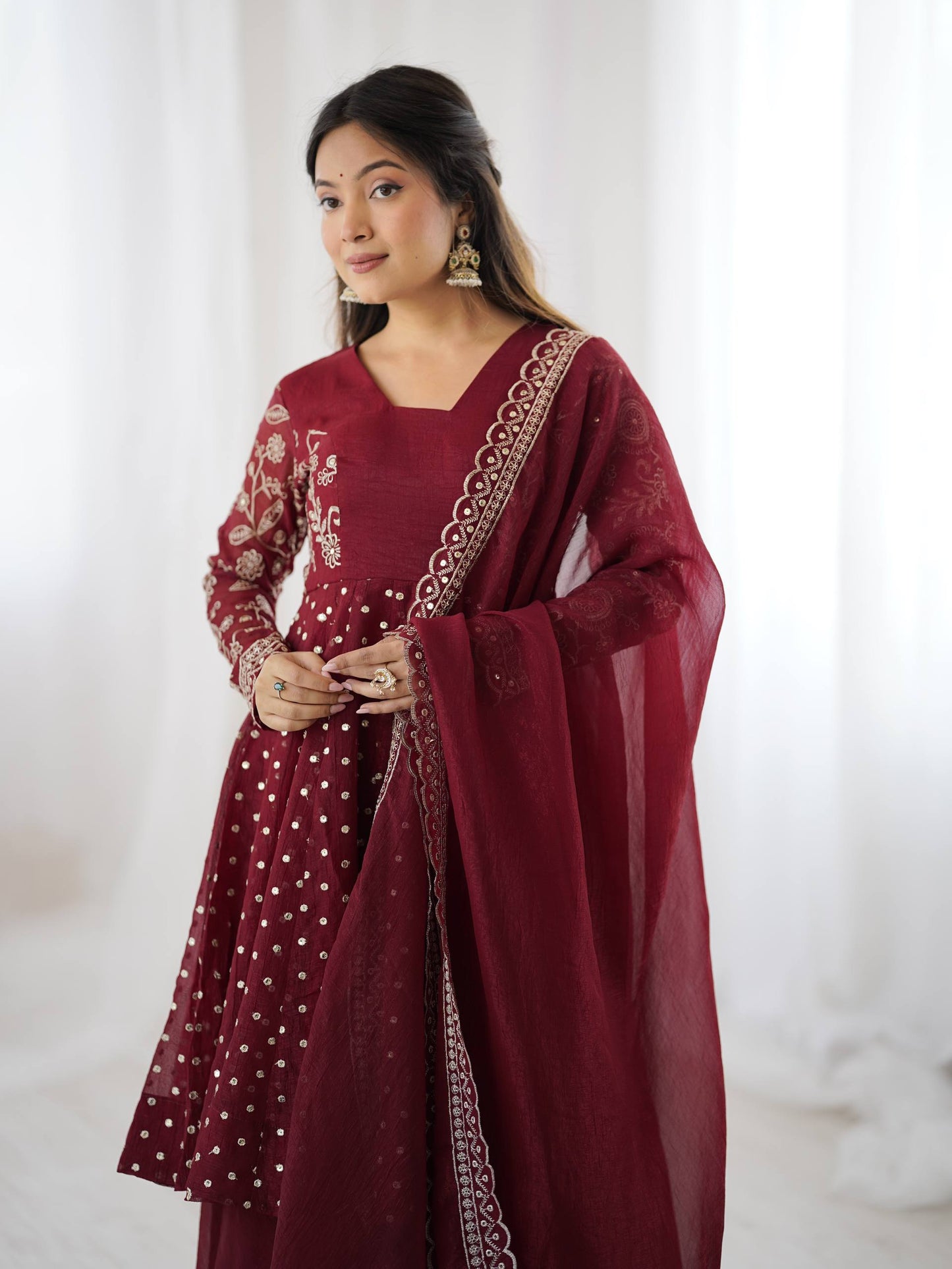 Maroon crunchy silk embroidery sequence work fully stitched & ready to wear