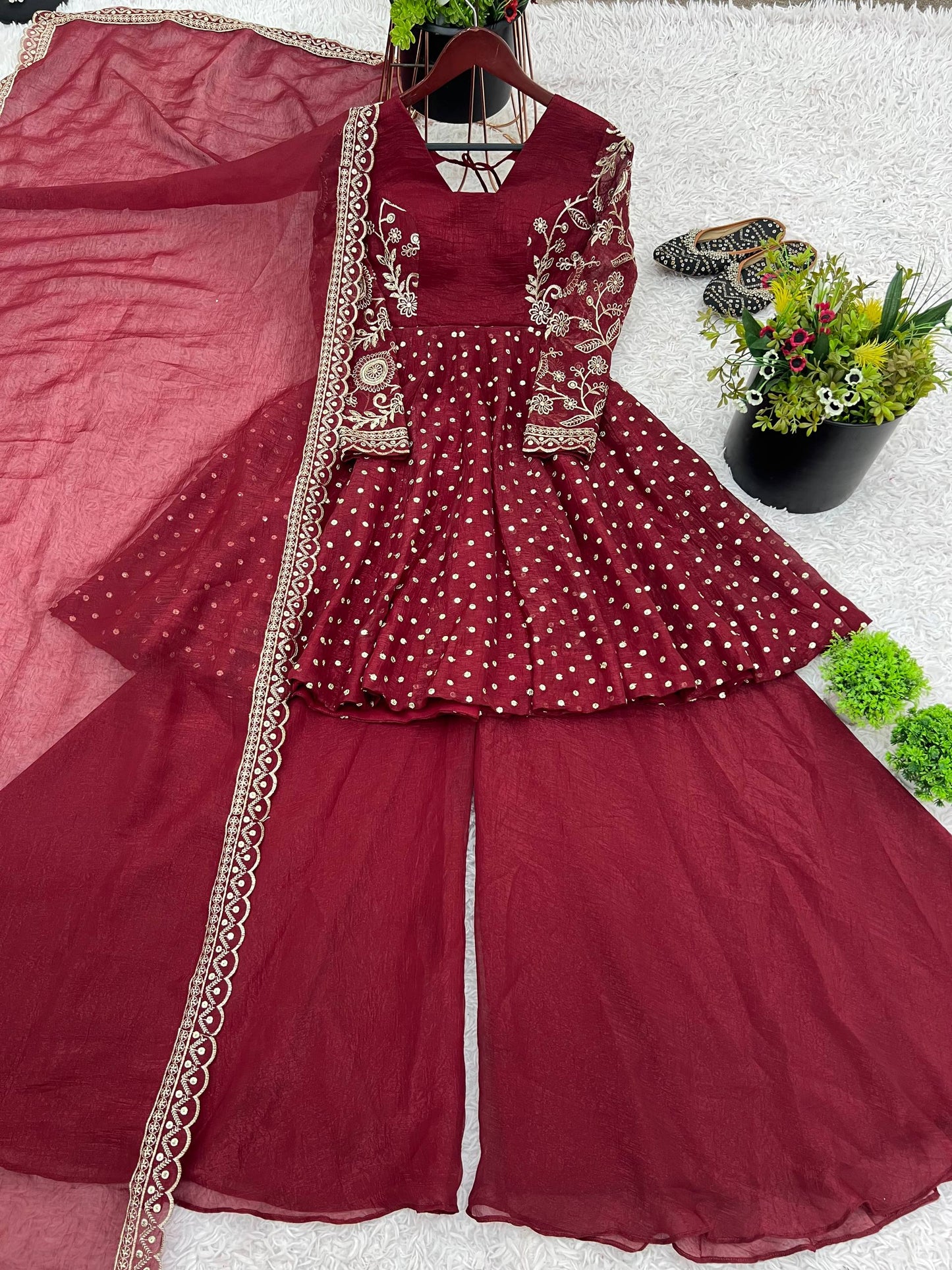 Maroon crunchy silk embroidery sequence work fully stitched & ready to wear