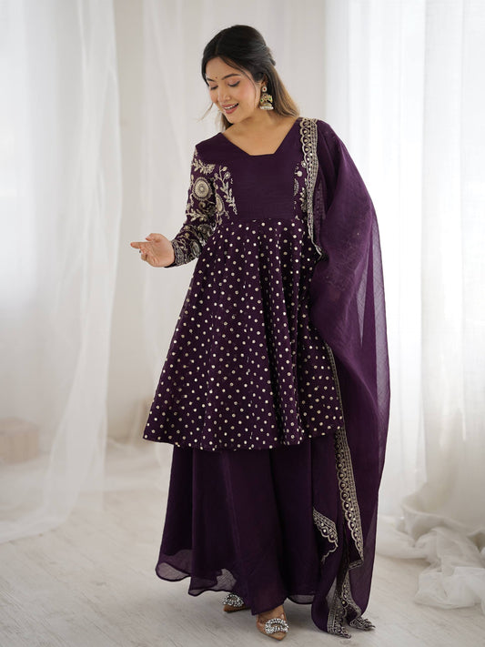 Purple crunchy silk embroidery sequence work fully stitched & ready to wear