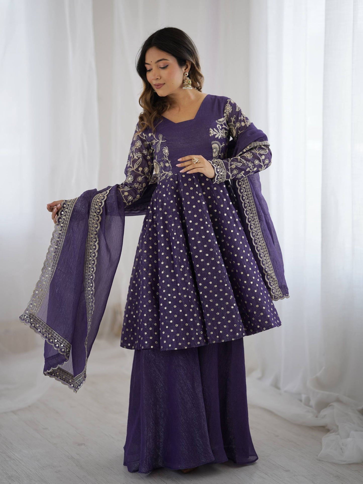 Navy blue crunchy silk embroidery sequence work fully stitched & ready to wear