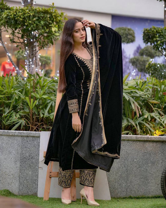 Black heavy viscose  velvet with heavy embroidery sequence work top-dupatta and fully stitched bottom