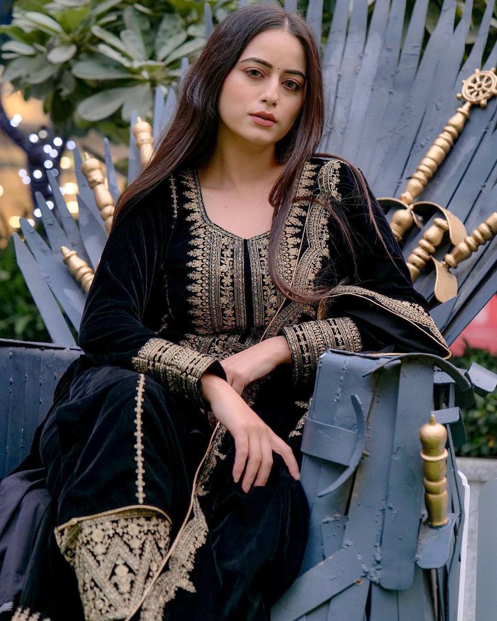 Black heavy viscose  velvet with heavy embroidery sequence work top-dupatta and fully stitched bottom