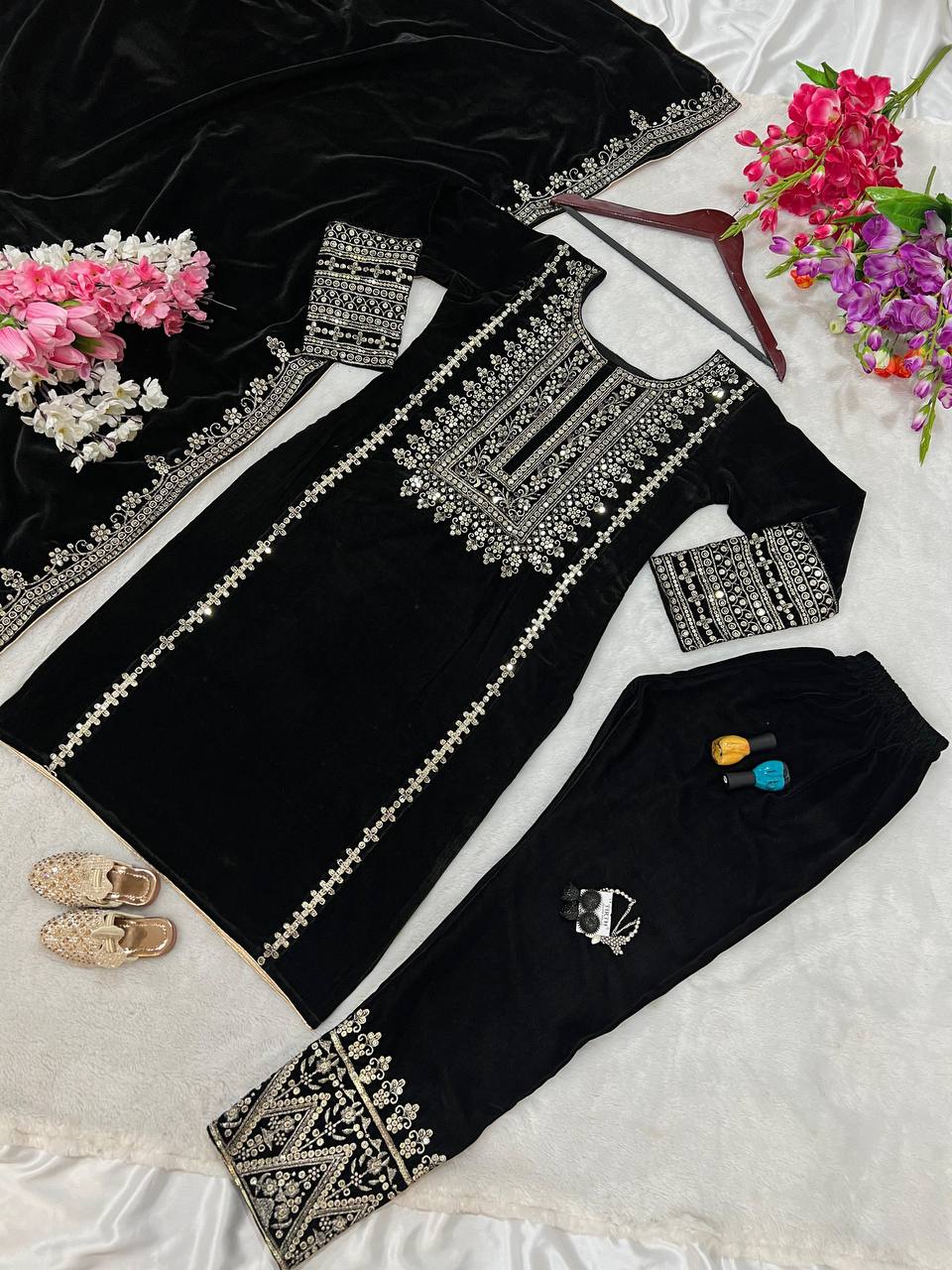Black heavy viscose  velvet with heavy embroidery sequence work top-dupatta and fully stitched bottom