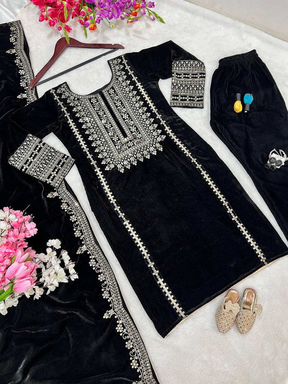 Black heavy viscose  velvet with heavy embroidery sequence work top-dupatta and fully stitched bottom