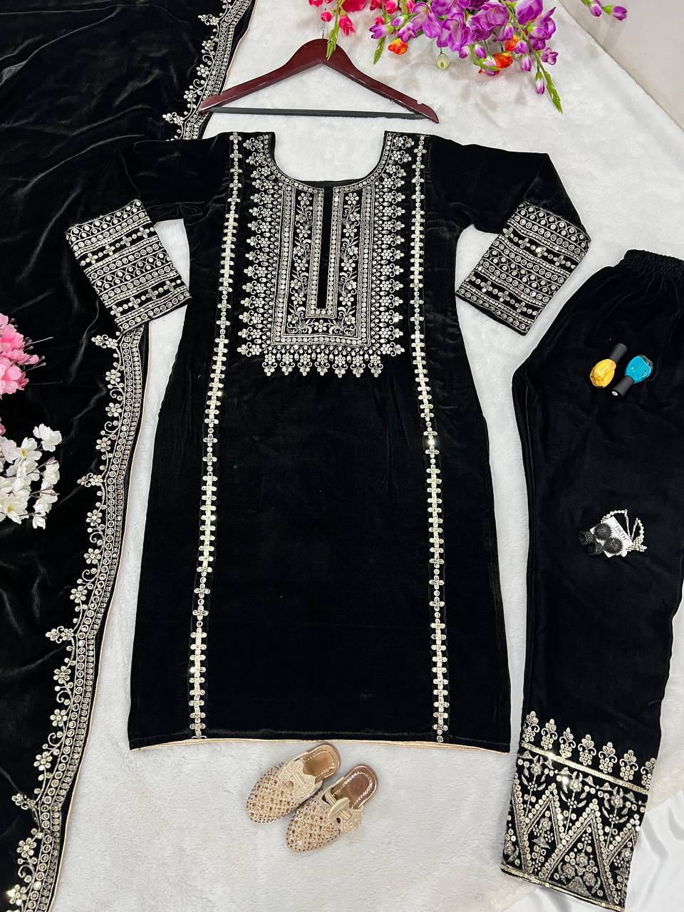 Black heavy viscose  velvet with heavy embroidery sequence work top-dupatta and fully stitched bottom