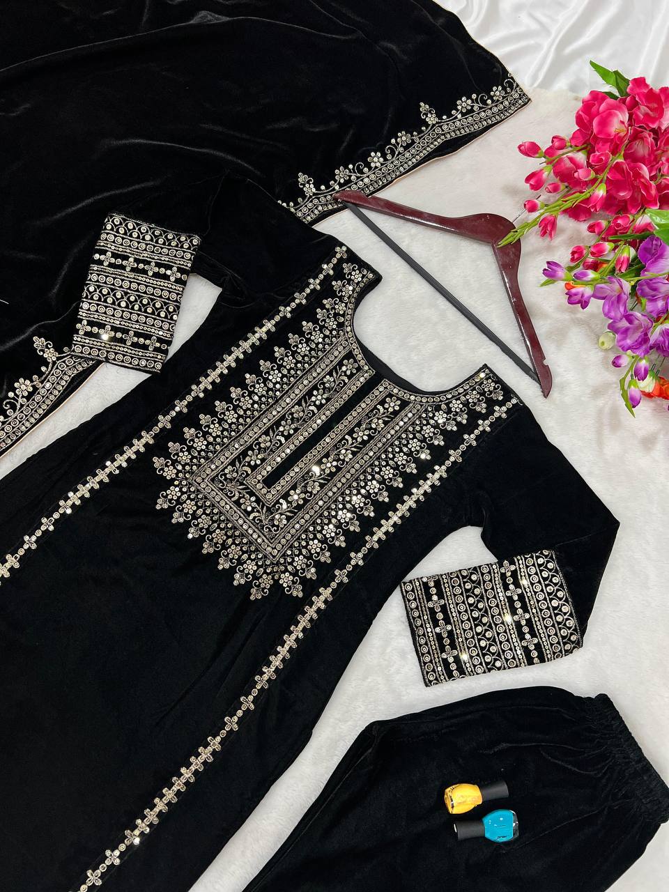 Black heavy viscose  velvet with heavy embroidery sequence work top-dupatta and fully stitched bottom