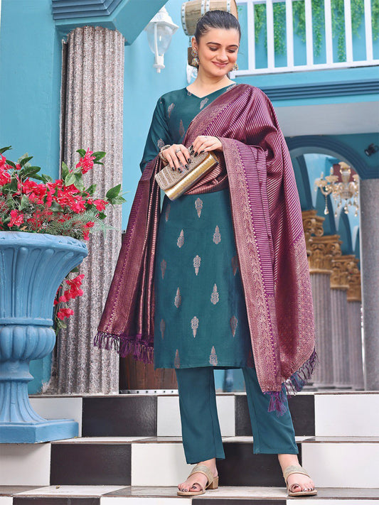 Blue jacquard silk woven design work kurta pant dupatta set