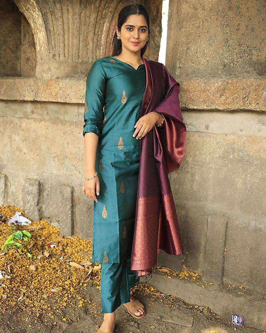 Blue jacquard silk woven design work kurta pant dupatta set