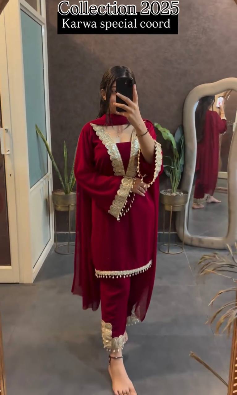 Red heavy faux georgette party wear look top-pant and dupatta
