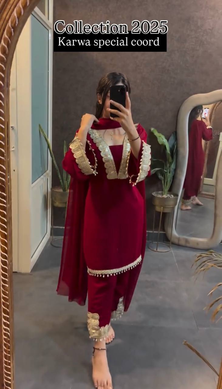Red heavy faux georgette party wear look top-pant and dupatta
