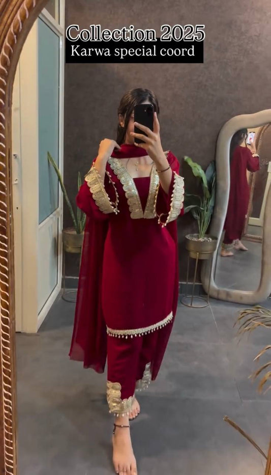 Red heavy faux georgette party wear look top-pant and dupatta