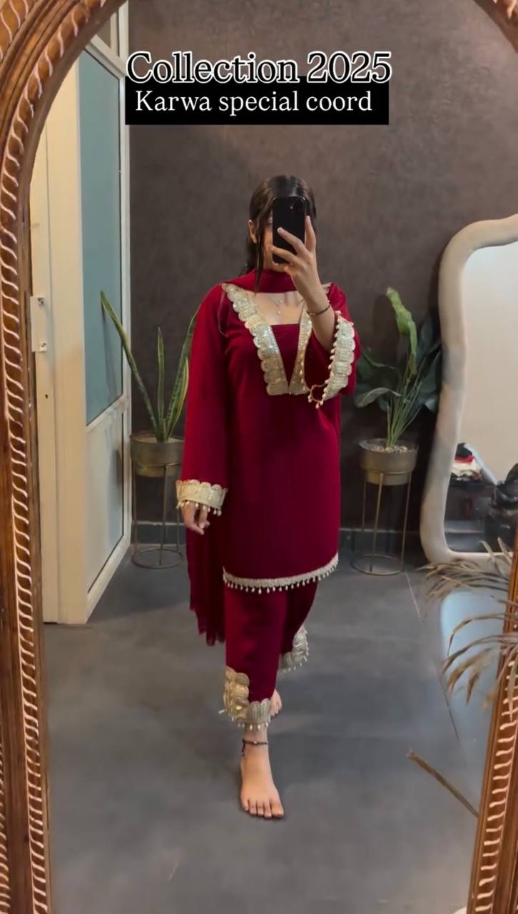 Red heavy faux georgette party wear look top-pant and dupatta