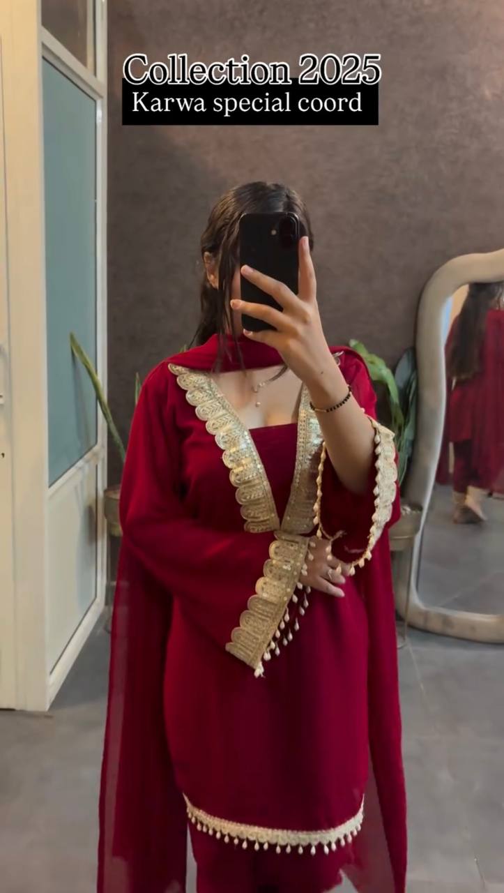 Red heavy faux georgette party wear look top-pant and dupatta