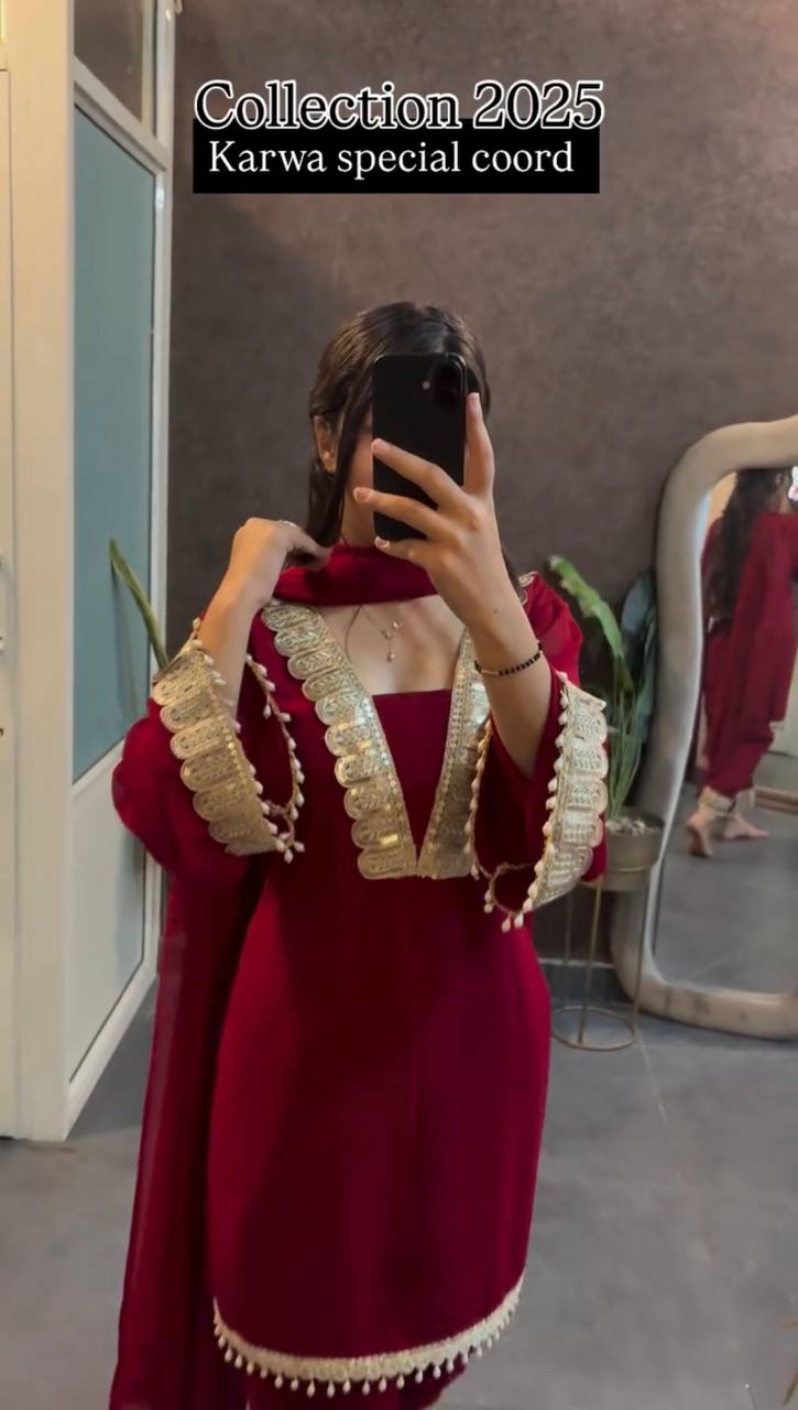 Red heavy faux georgette party wear look top-pant and dupatta