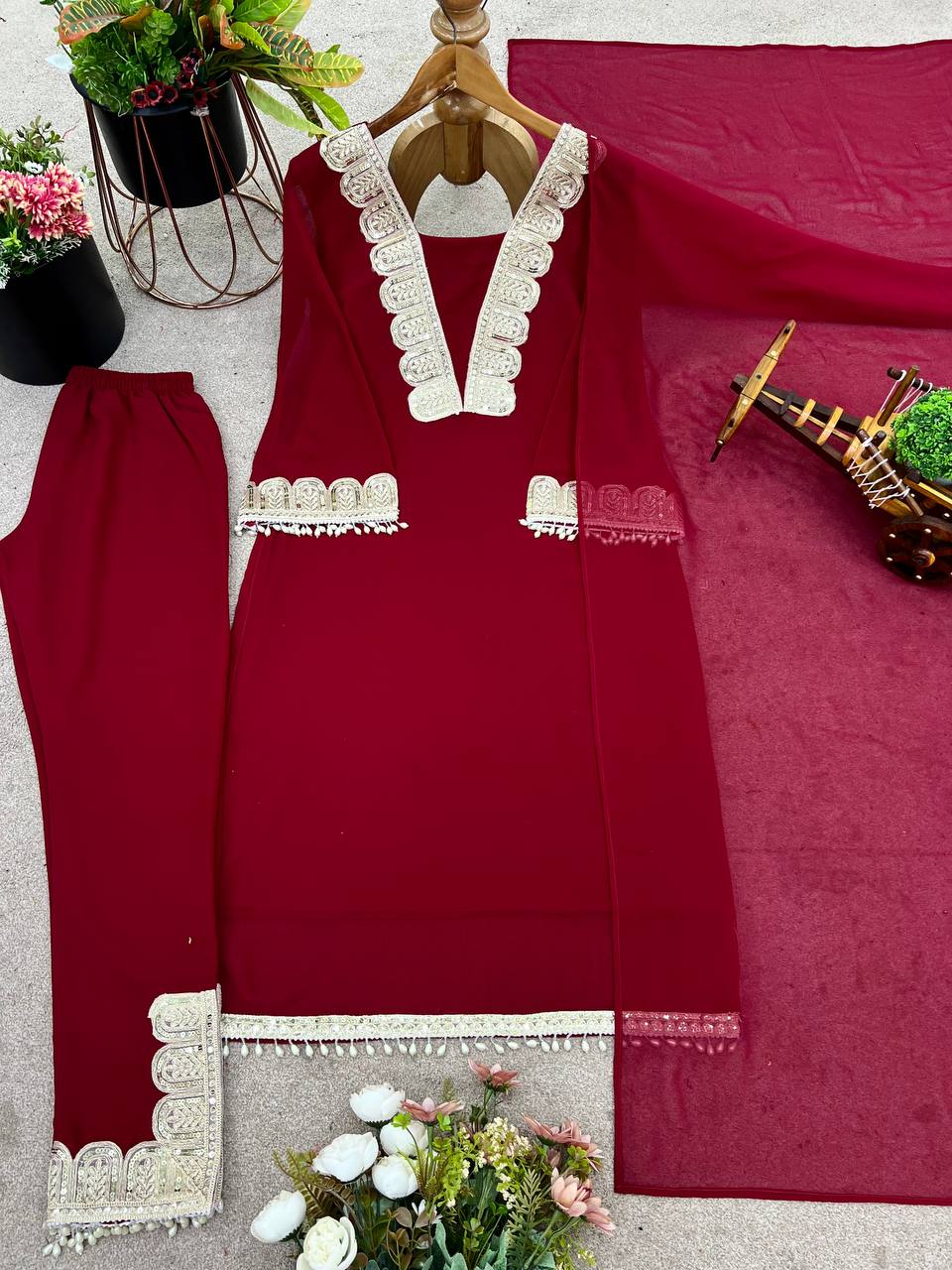 Red heavy faux georgette party wear look top-pant and dupatta