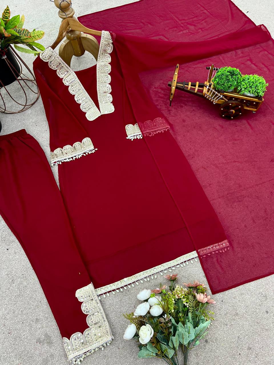 Red heavy faux georgette party wear look top-pant and dupatta
