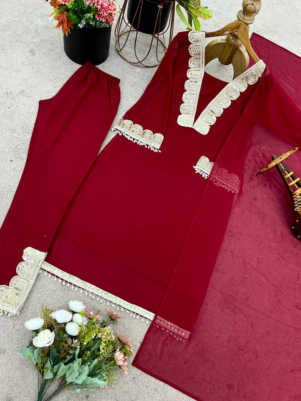 Red heavy faux georgette party wear look top-pant and dupatta