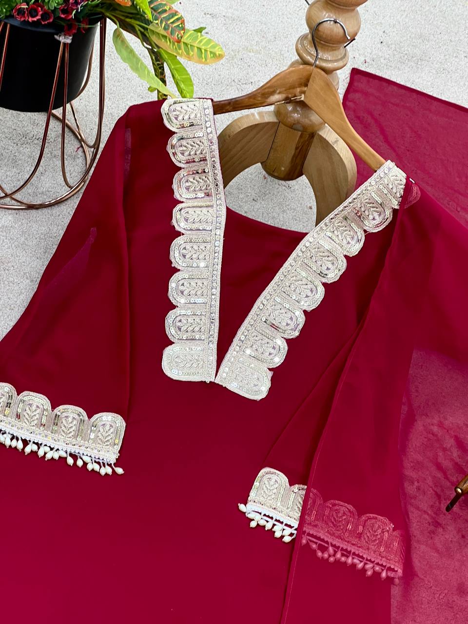 Red heavy faux georgette party wear look top-pant and dupatta