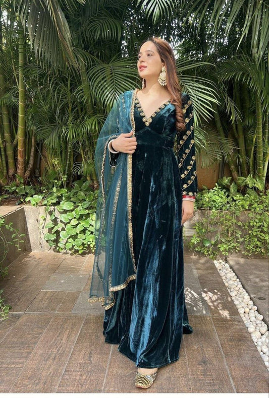 Blue heavy velvet embroidery sequence party gown & dupatta set