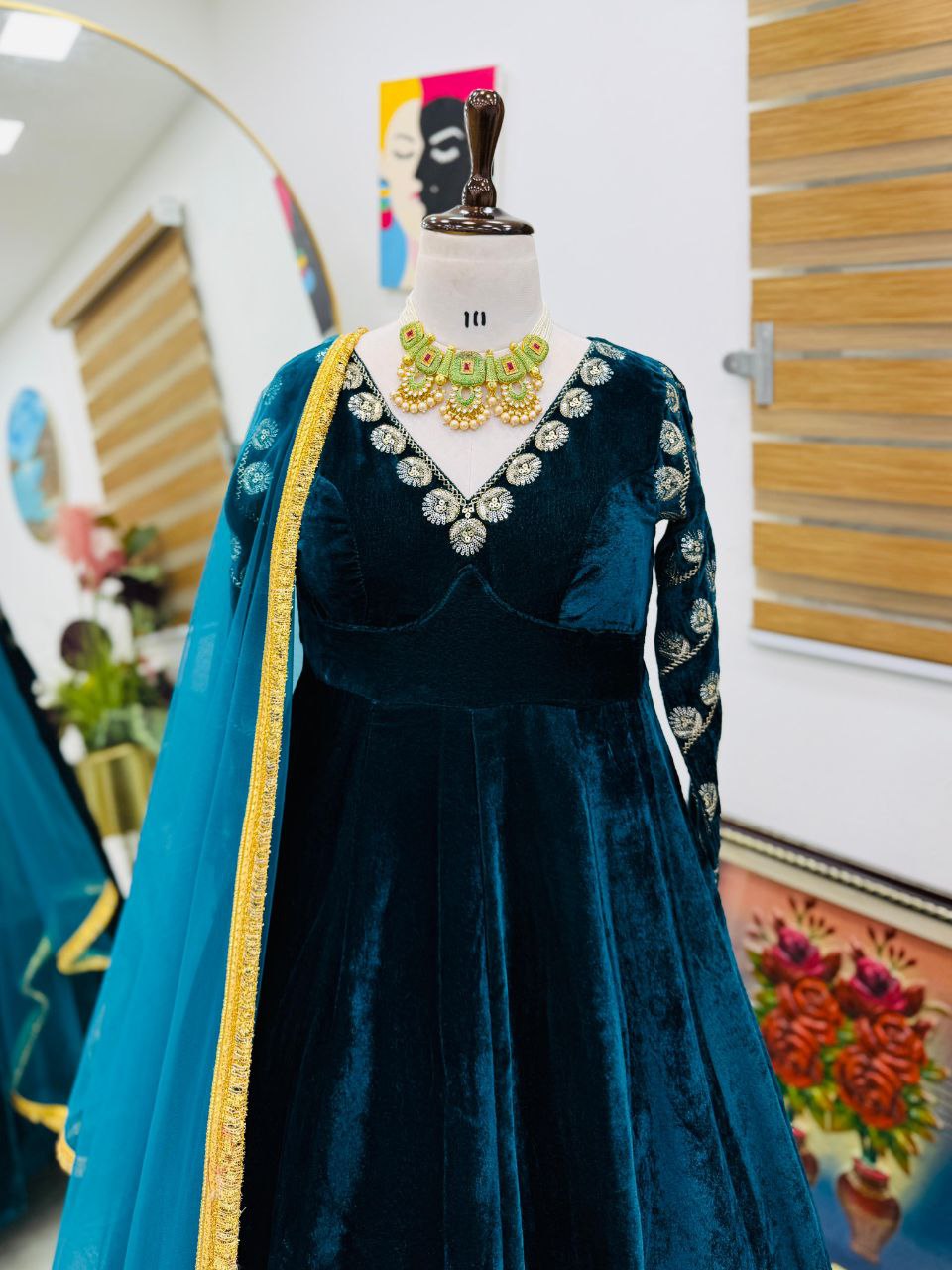 Blue heavy velvet embroidery sequence party gown & dupatta set