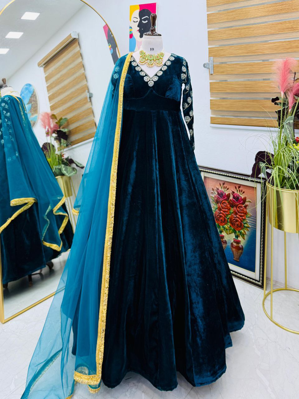 Blue heavy velvet embroidery sequence party gown & dupatta set