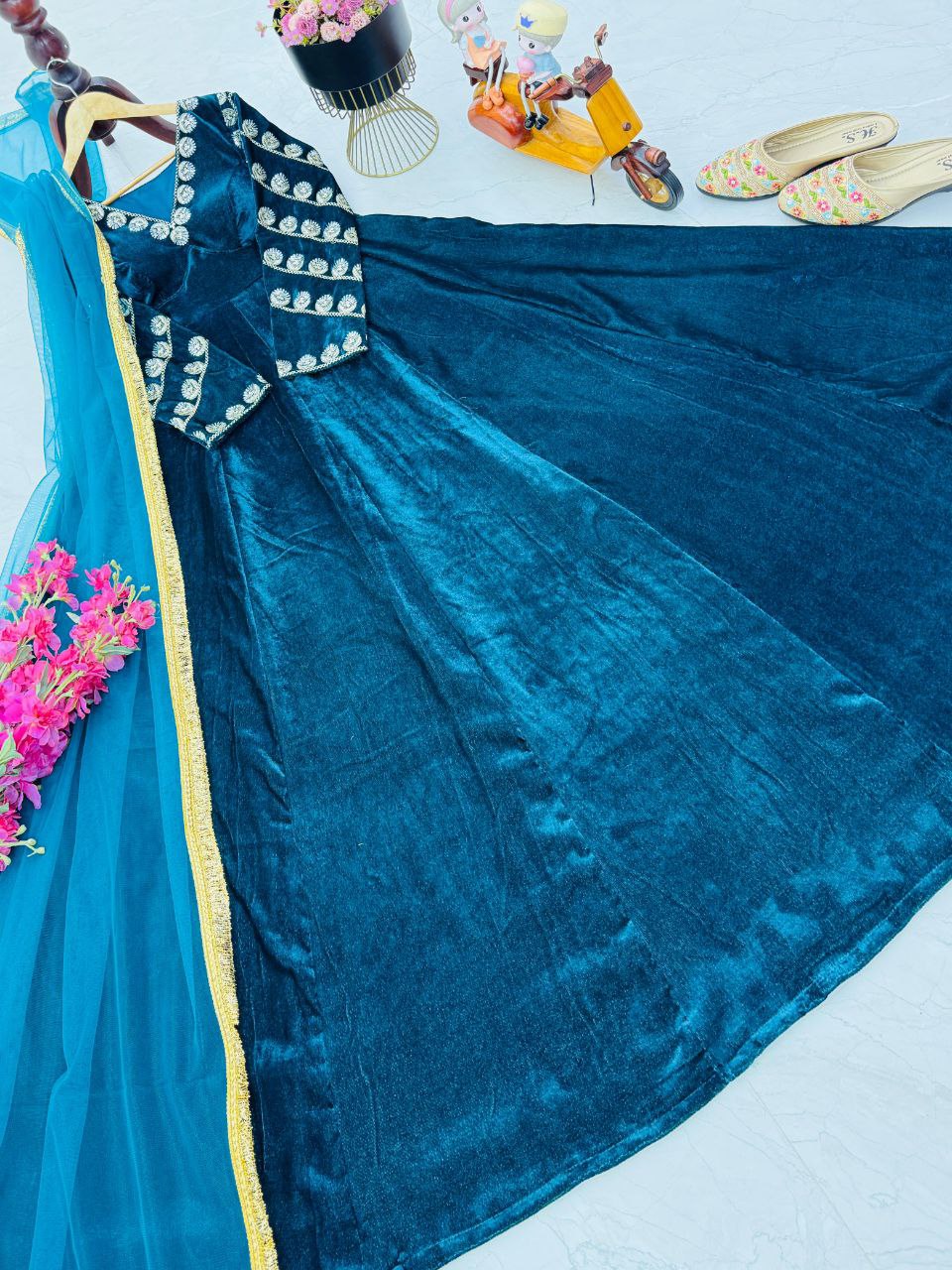 Blue heavy velvet embroidery sequence party gown & dupatta set