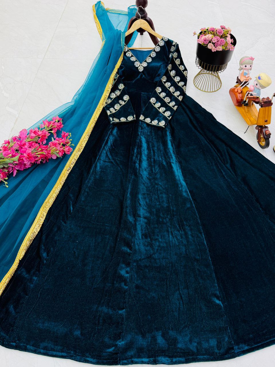 Blue heavy velvet embroidery sequence party gown & dupatta set