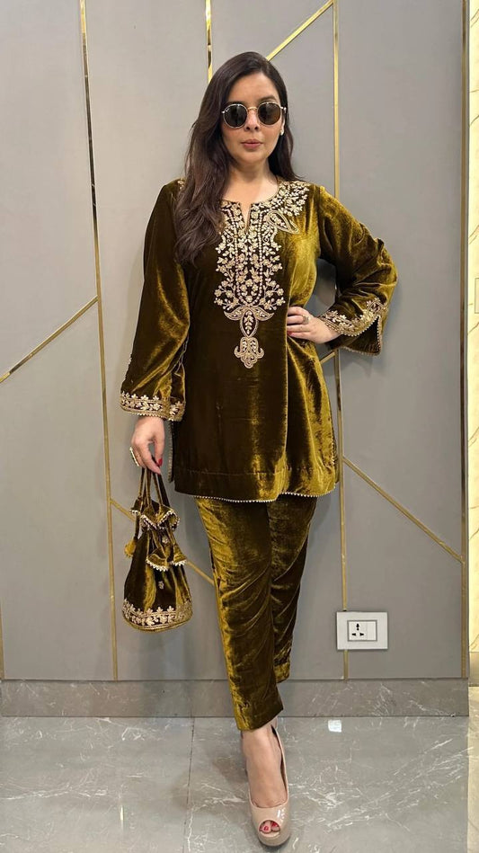 Mehndi viscose velvet embroidery work party wear look top with fully stitched bottom