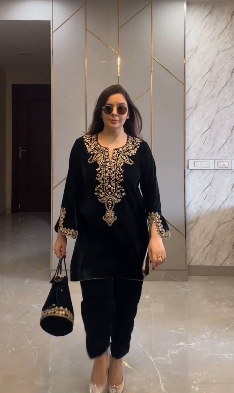 Black viscose velvet embroidery work party wear look top with fully stitched bottom